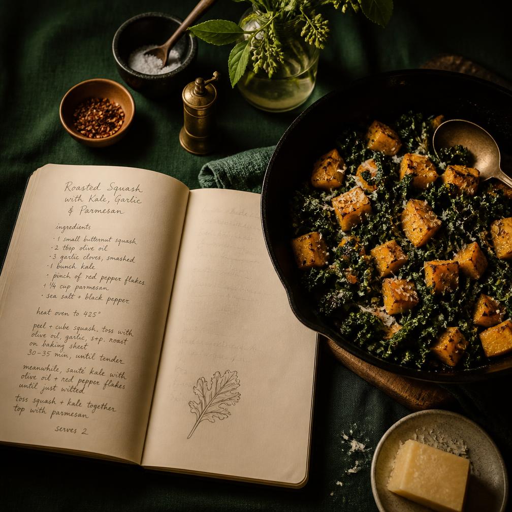 Technique recipe file open next to a finished skillet dish